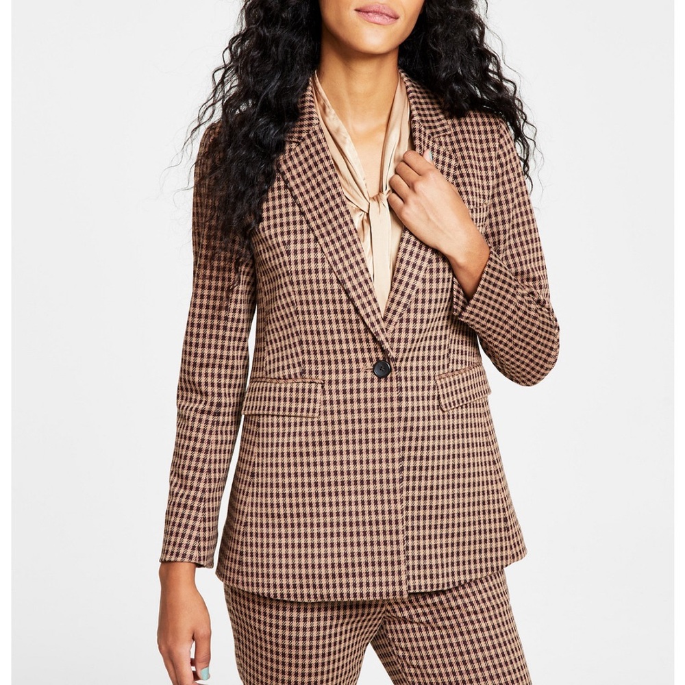 Women's Houndstooth Notch-Lapel Long-Sleeve Jacket,